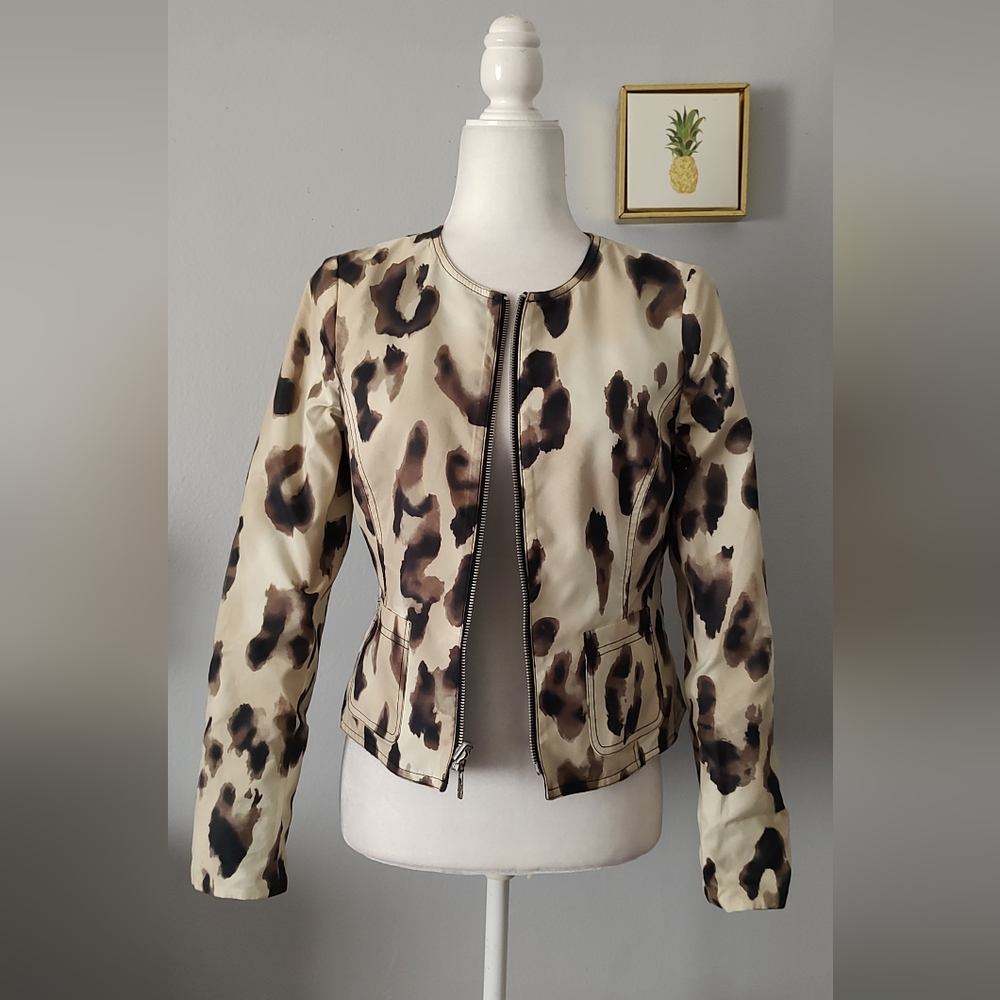 Leopard Print Zip-Front Varsity Jacket - Cream & Brown